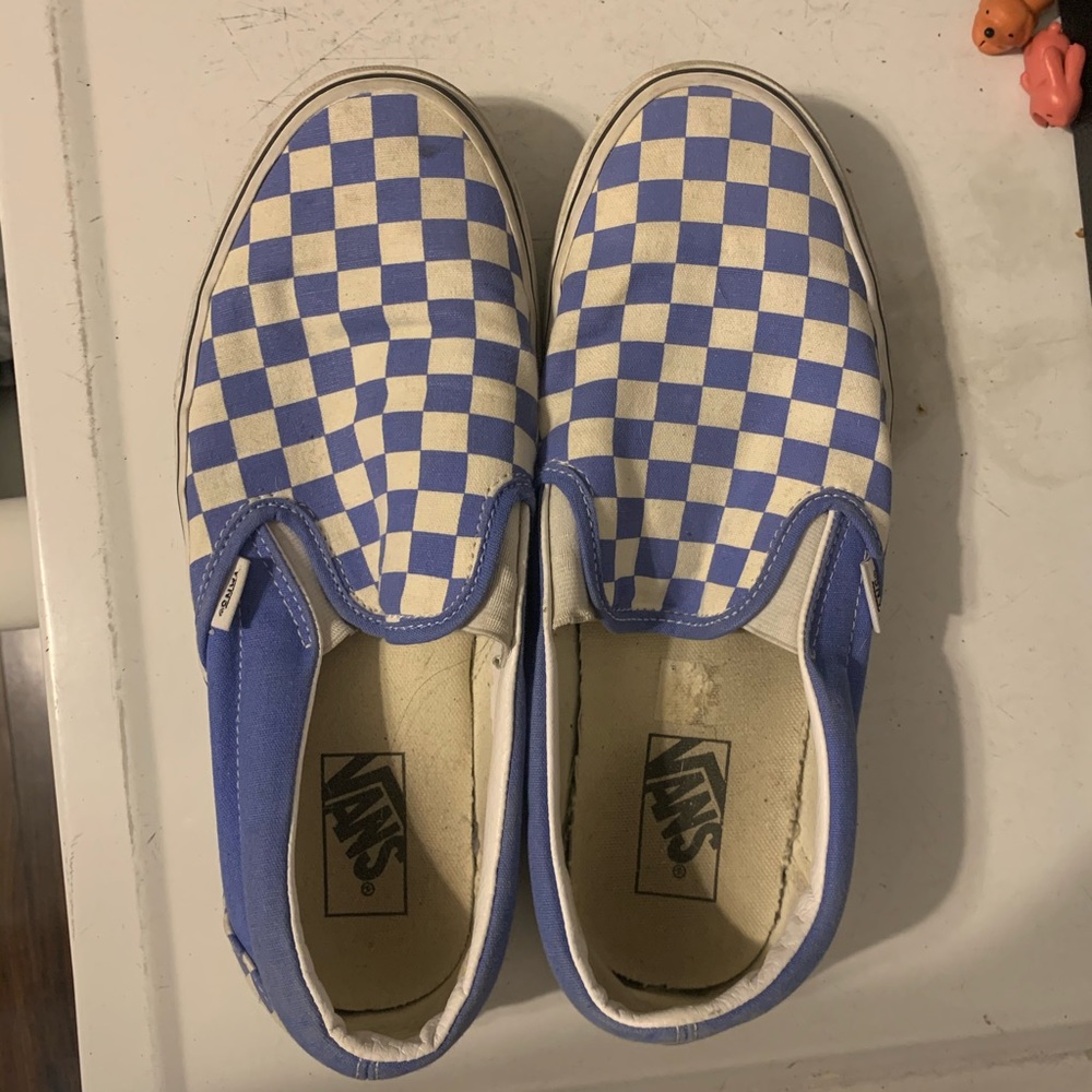Blue and white checkered slip on vans